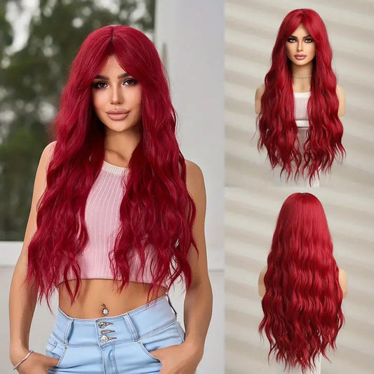 Long Wavy Wigs With Bangs Highlight Wig 28inch/Scarlet