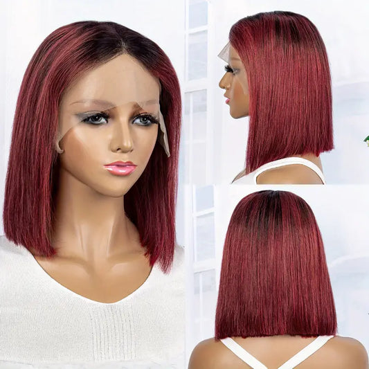 Ombre Color Straight  Hair Wig - T Part 13x4 Lace Front Bob (Burgundy, 12 Inches)"