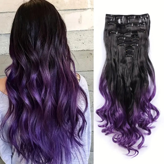 Clip-on Hair Extensions 22 Inches (Black Brown/Purple)
