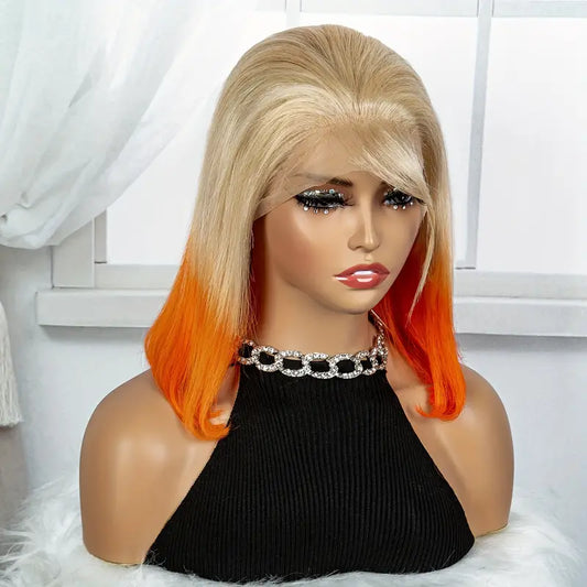 Straight Hair Human Hair Wig (Blonde Orange) (14 Inches)